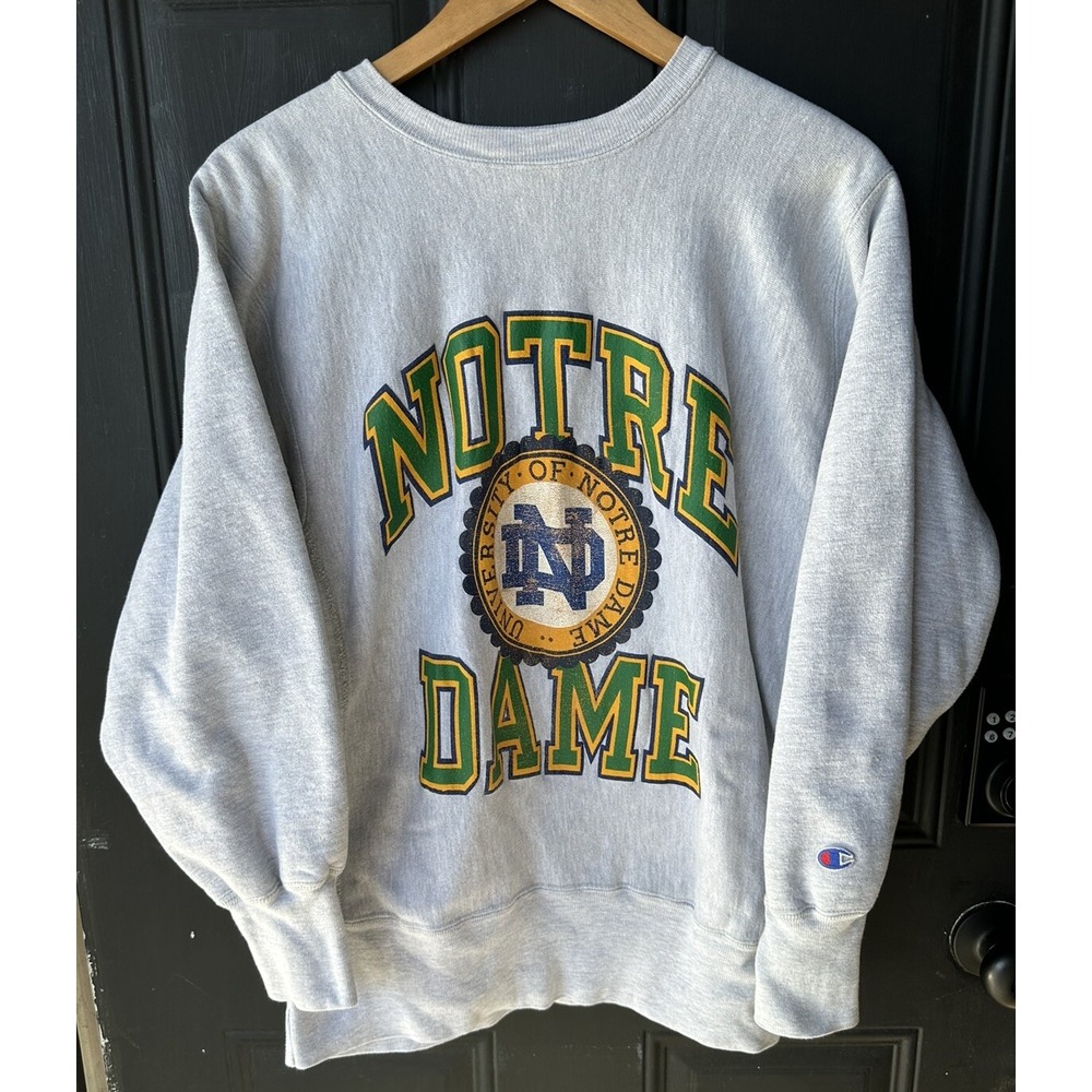 Vintage 90s Notre Dame Champion Reverse Weave Warmup Sweatshirt Large Gray